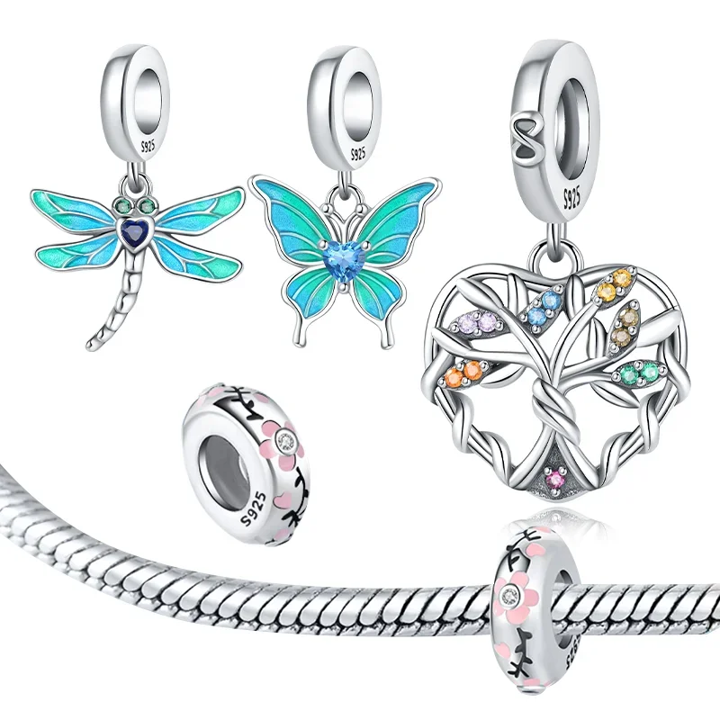 

925 Silver Butterfly Charms Pendant Life of Tree Colorful Zircon Beads Fit Original Bracelet Diy Jewelry Making Gifts for Women