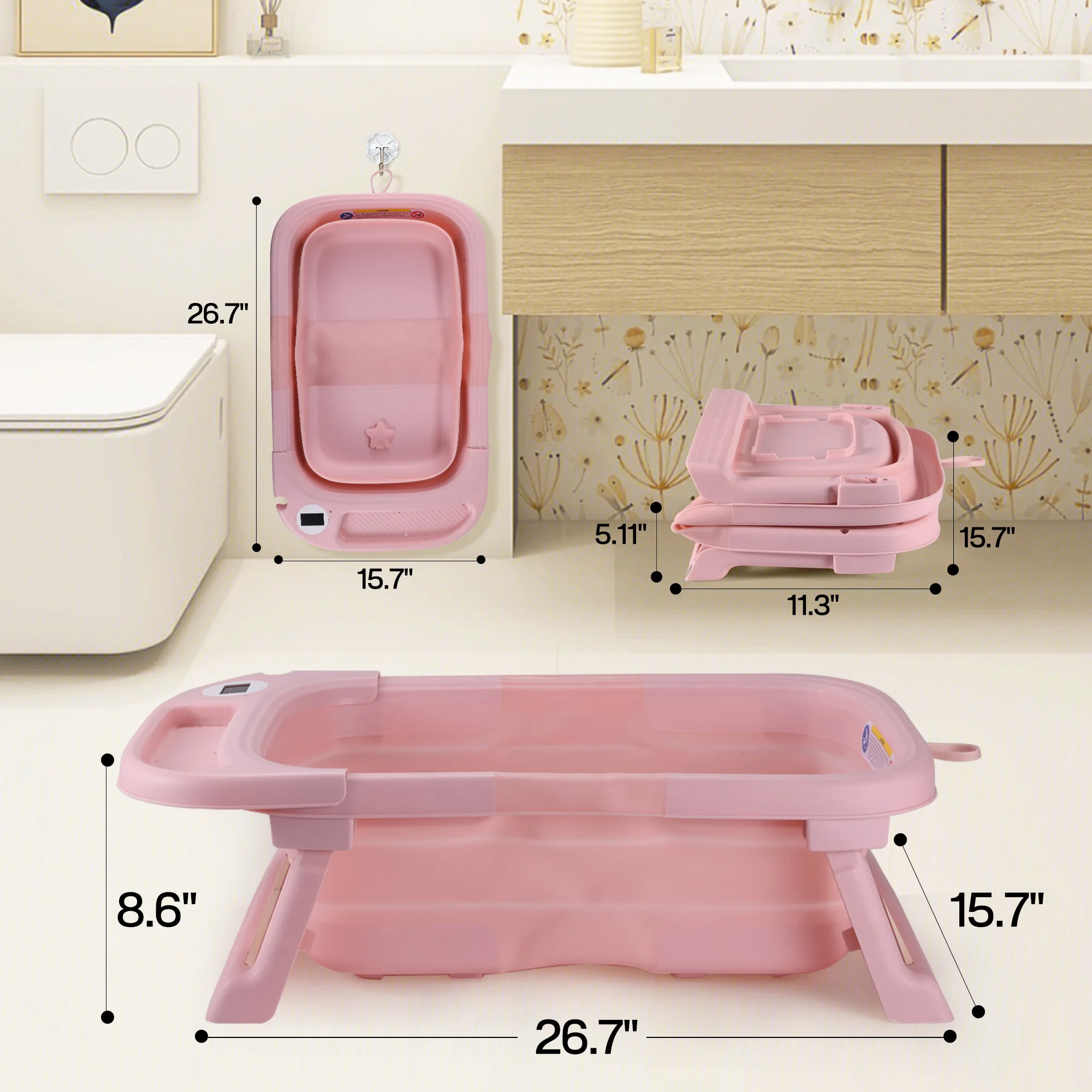 Baby Bathtub,Baby Bath Tub with Soft Cushion & Thermometer,Baby Bathtub Newborn to Toddler 0-36 Months,Portable Travel Baby Tub