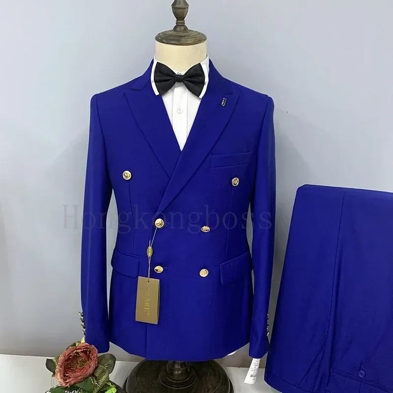 Setelan pakaian butik bisnis pria, blazer jaket celana panjang kasual kancing dua baris, warna polos, Butik Bisnis, baru, 2 buah