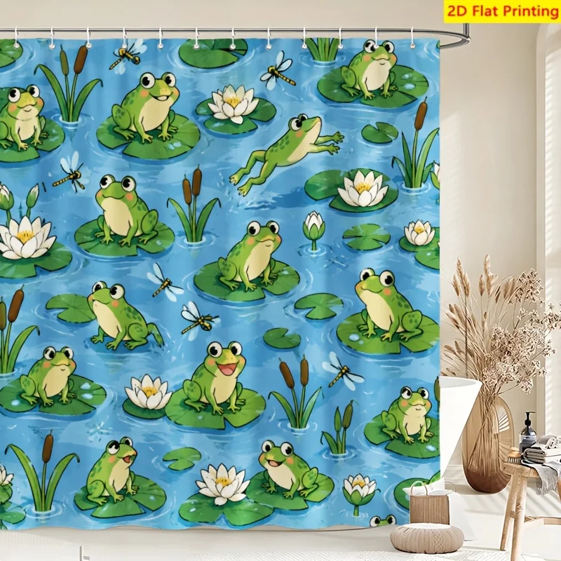 Cute Frog Pond Scene Shower Curtain Waterproof Bathroom Decor Tropical Lily Pad Animal Print Shower Curtain