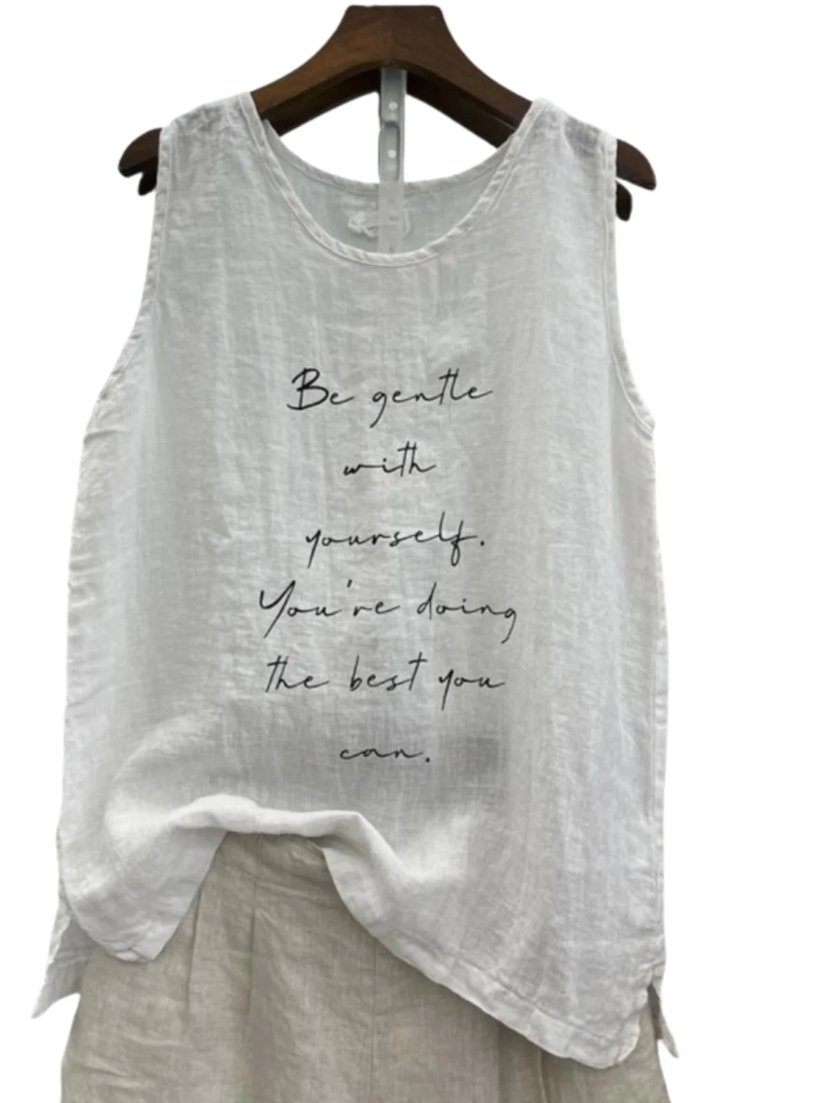 เสื้อกล้ามผ้าลินินผสมคอตตอนทรงหลวม พิมพ์ลาย สไตล์ลำลอง ใส่สบาย เหมาะสำหรับฤดูร้อน ไซส์เล็ก สำหรับผู้หญิง