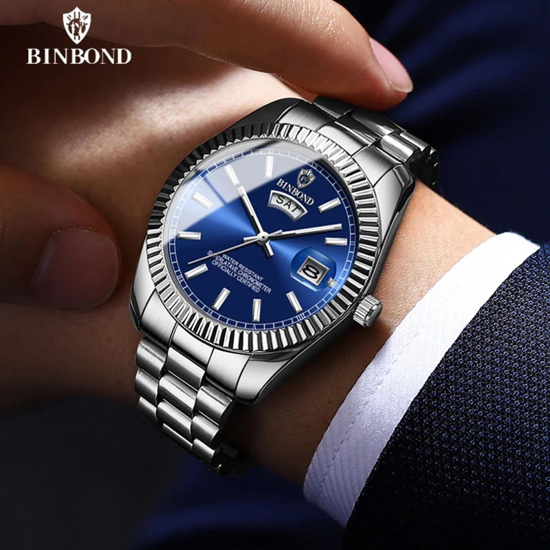 BINBOND B7012 Mens Fashion Business Sports Quartz Watch 30M Waterproof Luminous Classic Calendar Creative Clock Mens Wristwatch