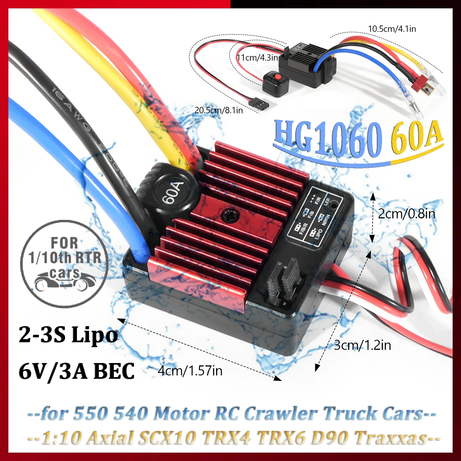 HG1060 60A Brushed ESC Speed Controller 2-3S LiPo 6V/3A BEC Waterproof for 1/10 RC Car Truck Crawler T Plug / XT60