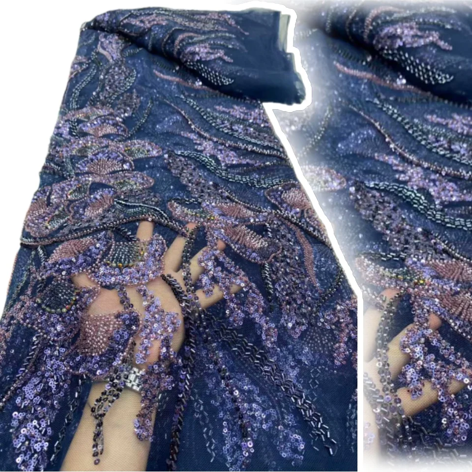 Kain Renda Manik-Manik Afrika Terbaru Kain Renda Payet 5 Yard Berkualitas Tinggi 2025 Kain Renda Biru Gaun Pengantin Nigeria SZ1669