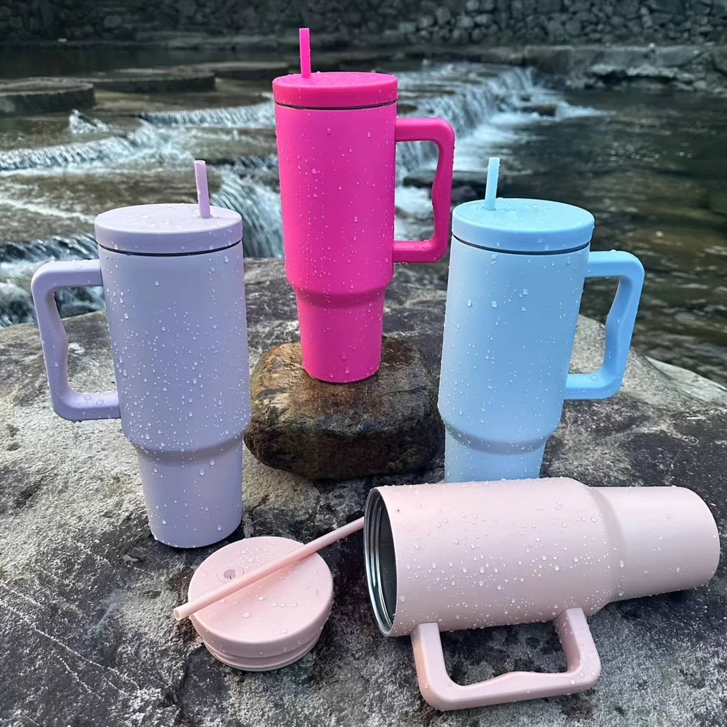 

40oz Stainless Steel Cold Drink Cup With Handle & Straw, Portable Large Capacity Water Bottle for Outdoor Travel Camping, Wide M