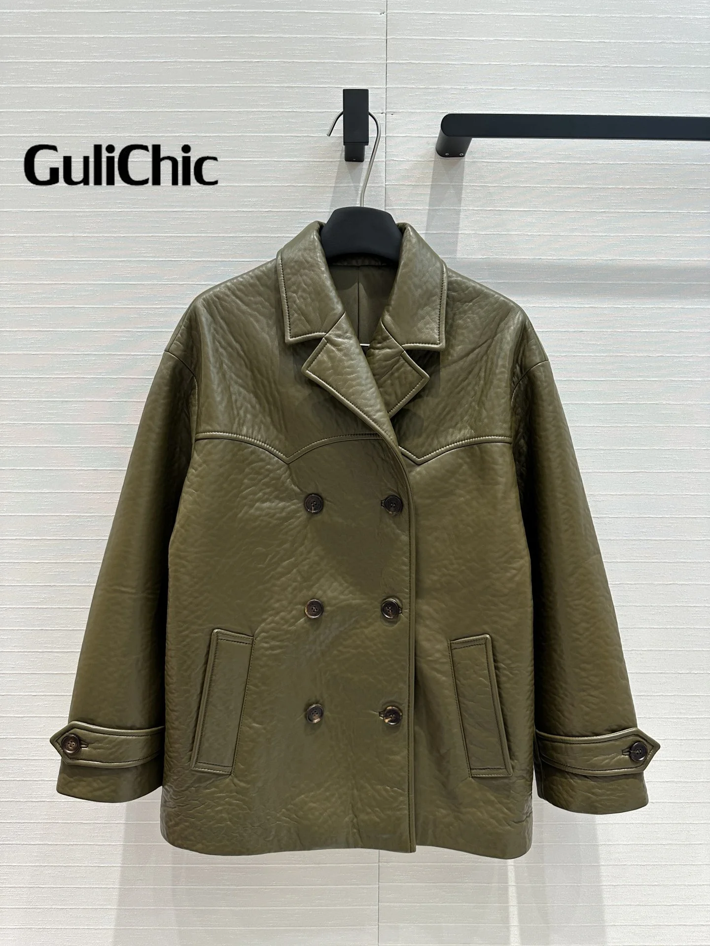 7.23 GuliChic High Quality 100% Sheepskin Double Breasted Blazer Coats for Women 2024 New Vintage Jacket Outwear