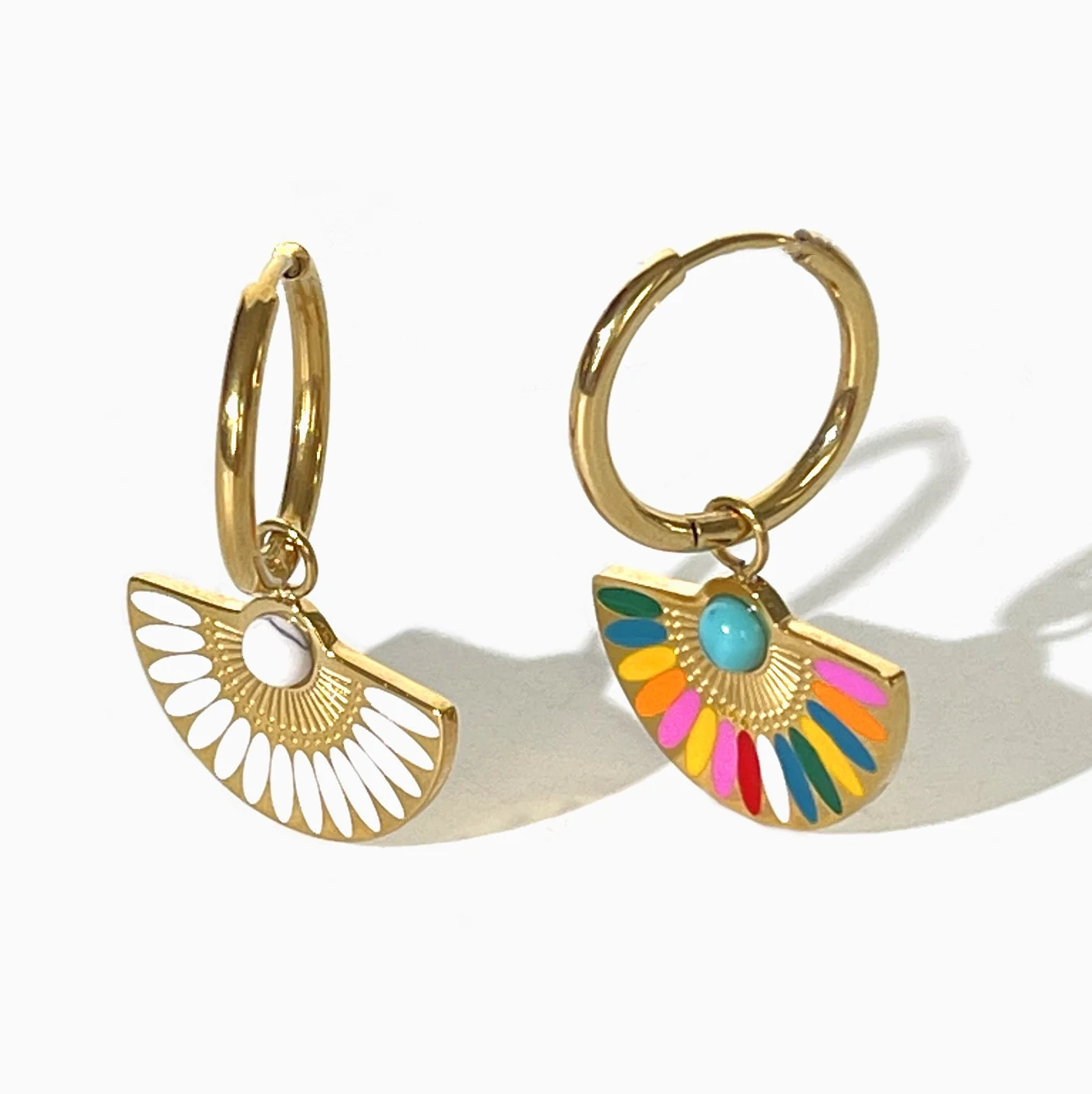 Peri'sbox Stainless Steel Gold Pvd Plated Fan Shaped Enamel Charm Hoop Earrings Women Waterproof Dainty Rainbow Dangle Earring