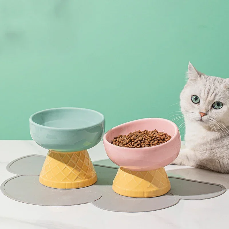 Cat Cute Ceramic Bowl Ice Cream Shape Puppy Dogs Food Water Feeders Elevated Raised Pet Tilted Drinking Eating Accessories