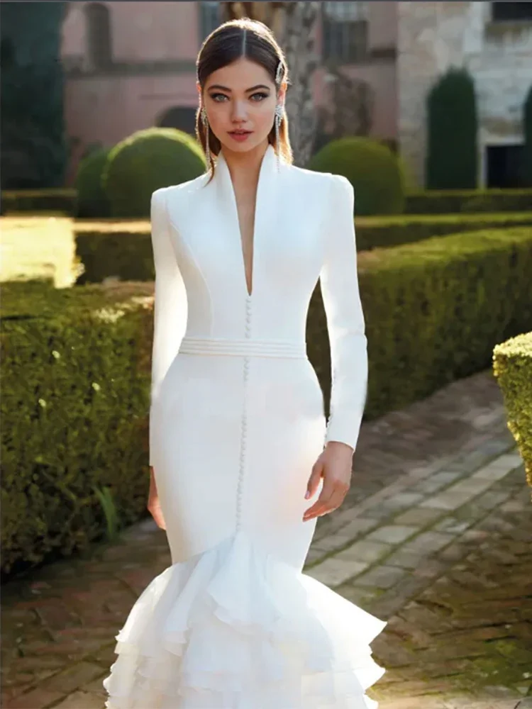 فستان زفاف أنيق بأكمام طويلة حورية البحر ورقبة على شكل V عميقة ومزين بكشكشة من الخلف لحفلات الزفاف للنساء فيستدو دي نوفيا