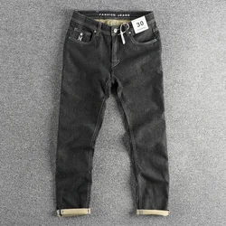 Embroidery craft black wash retro American trend jeans men slim slim straight leg four seasons matching pants