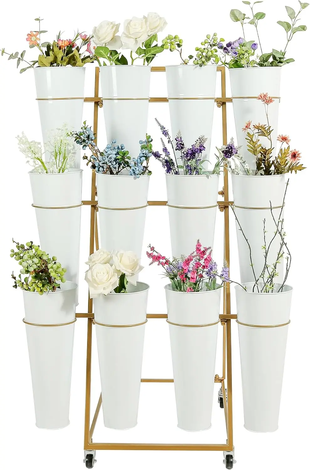 Heavy Duty Flower Display Stand Metal Plant Holder Shelf Moving Flower Cart Bucket Rack Mobile Storage Organizer Shelf Outdoor Garden Patio Florist Living Room Black