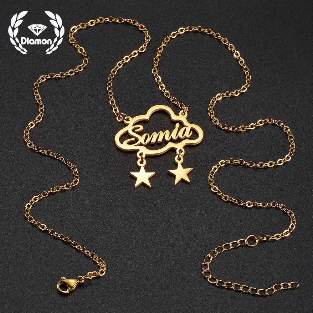 Diamon Personalized Custom Name Necklace Stainless Steel Letter Hollow Cloud Star Nameplate Chock Chain for Women Jewelry Gift