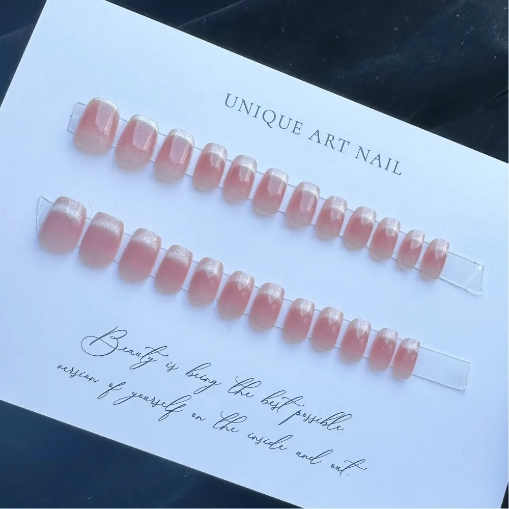 Falsas unhas falsas francesas, manicure wearable, olho de gato, comprimento médio, cabeça quadrada, unhas artificiais, pressione as unhas, menina