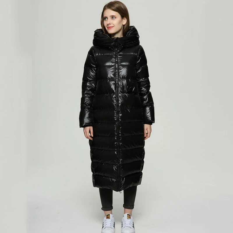 

Pop Cocoon Down Jacket Women Autumn Winter Nice Fashion Warm Hooded Solid Color Black Glossy Thicken White Duck Down Coat