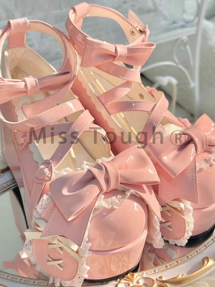 Estate bella cinghia di prua Lolita scarpe per le donne dolce papillon piattaforma Mary Janes donna pelle verniciata antiscivolo carino appartamenti