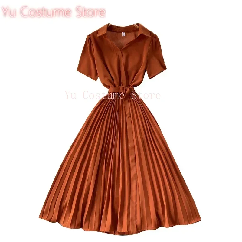 

Yu Costume Summer New Chic Women's Dress Elegant Maiden Lightweight Chiffon Pleated French Shirt Dress Fashionable Ladies Gown
