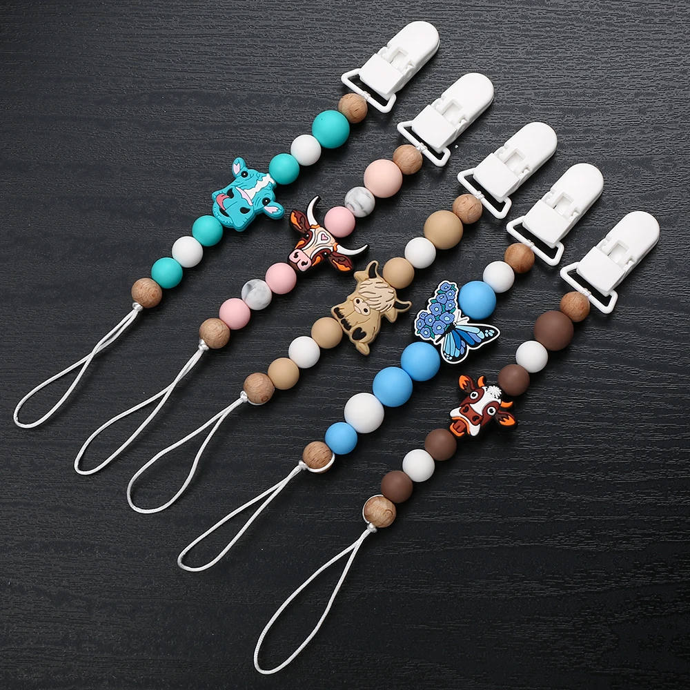 Cute Cartoon Animal Silicone Baby Pacifier Clips Wood Beads Soother Chew Teethers Toys Dummy Safe Teething Pacifier Chains Gifts