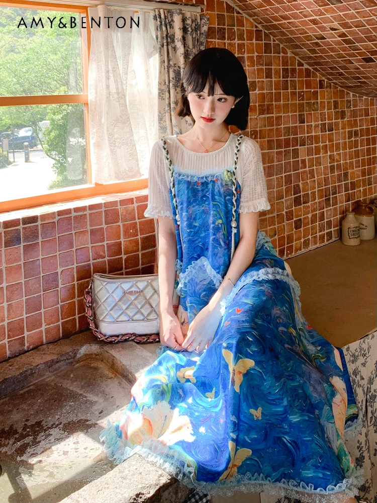 

2025 Summer New Fake Two-Piece Round Neck Short Sleeve Dress Vintage French Vacation Casual Loose Oil Painting Print Long Dress