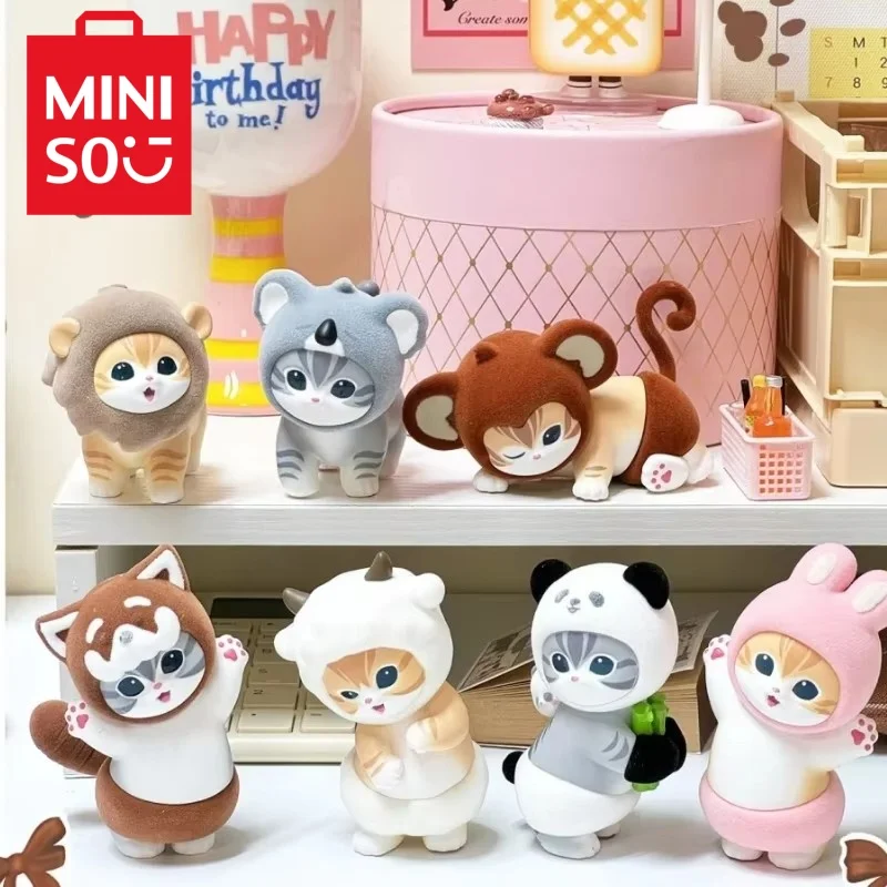 Miniso Cat Flurry Party Series Suprise Box Figure Anime Flocking Material Kawaii Animal Model Display Decoration Desktop Toys