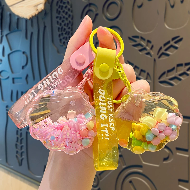 Fashion Floating Snowflake Sequins Shell Quicksand Bottle Key Chain Exquisite Love Heart Color Beads Stone Doll Liquid Key Chain