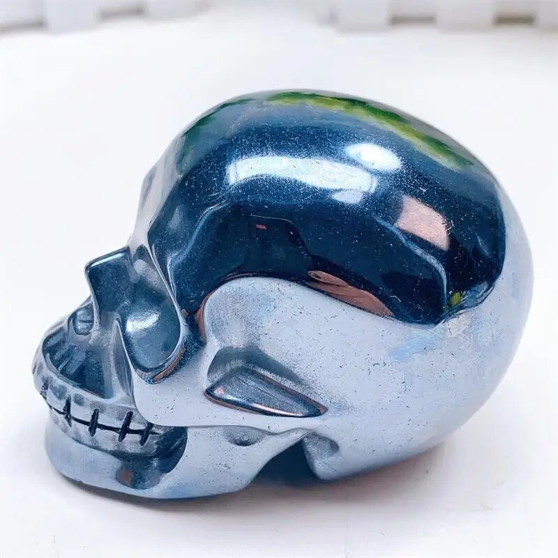 Natural Terahertz Skull Crystal Hand Carved Statue Reiki Healing Mineral Stone Crafts For Halloween Decoration Gift 1pcs