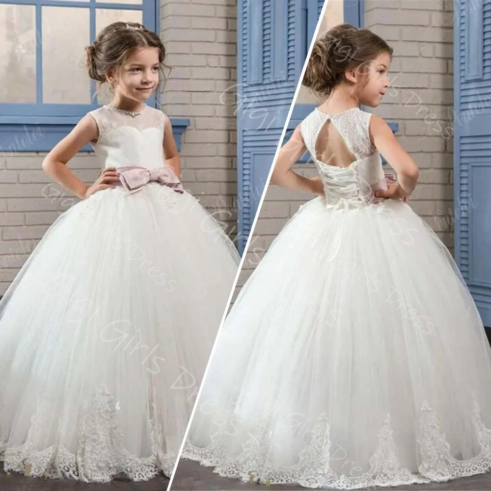 Vestido de renda branca para meninas, ocasião formal, dama de honra, concurso de casamento, aniversário, sessão de fotos, festa personalizada para crianças, vestido de baile