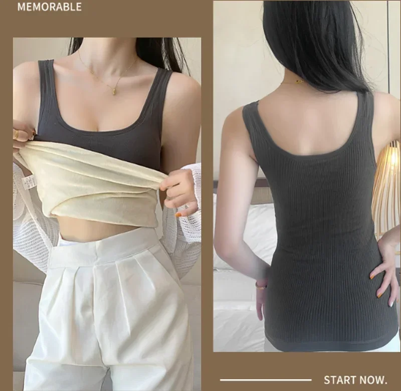 Thickened and Warm U-neck Tank Top with Chest Pad Autumn and Winter Innerwear Bottoming Shirt for Women Beautiful Back