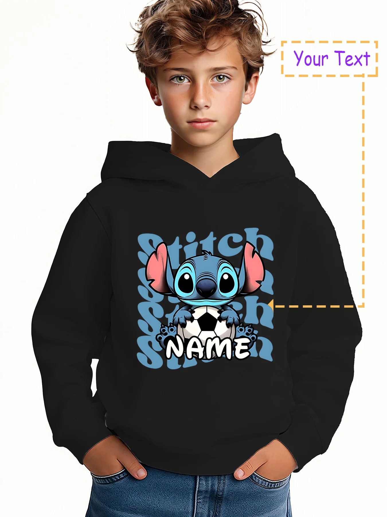 

MINISO This football Stitch hoodie features Stitch holding a football and is customizable with "NAME." Licensed by Disney, it's