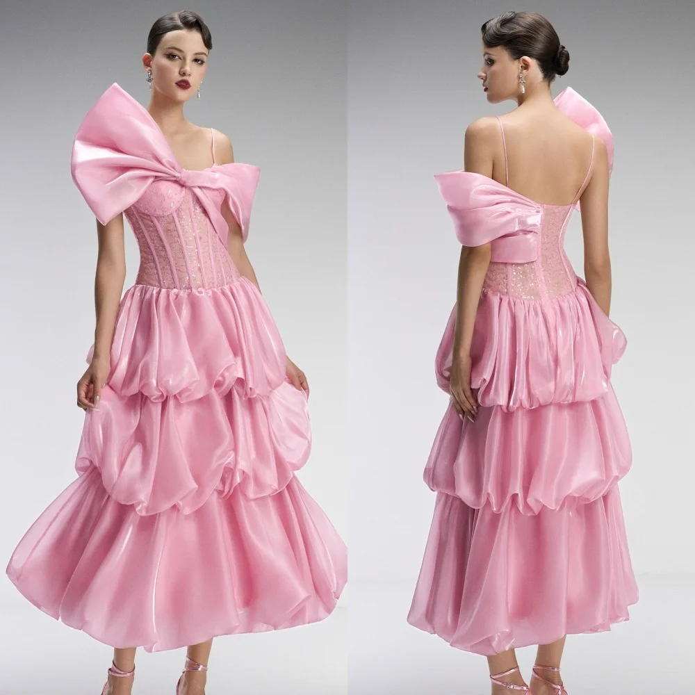 

Customized Elegant Fashion Sequined Lace Tiered A-line Off-the-shoulder Midi Dresses Bespoke Occasion Dresses Sizes Available