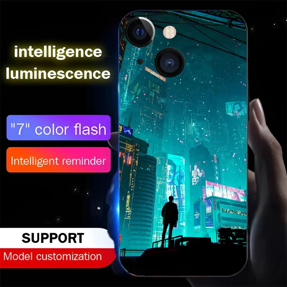 Lonely City Pattern Luminous Glass LED Call Light Up Flash Phone Case For iPhone 16 15 14 13 12 11 Pro Max XR XS Plus 7 8 SE2020