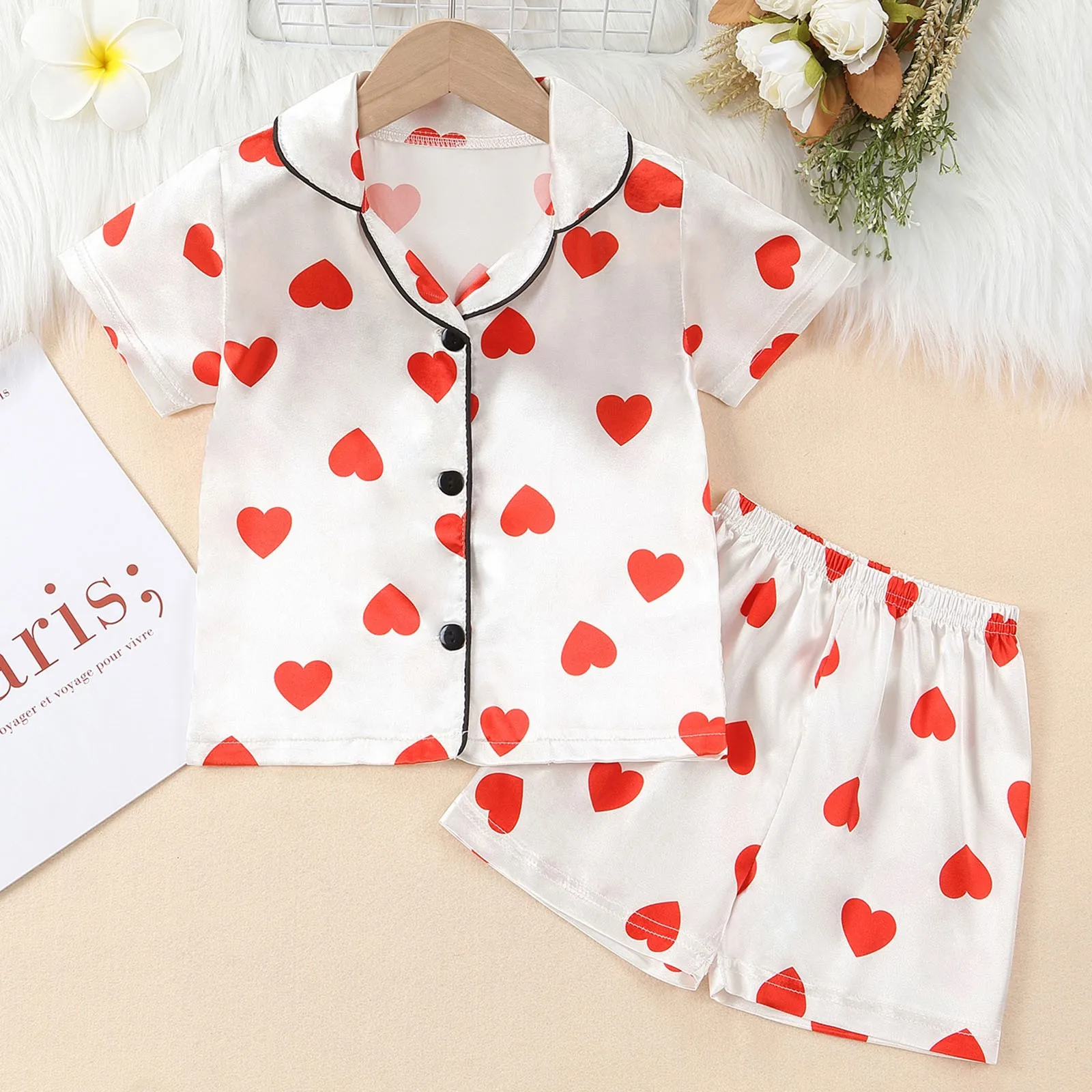 Kids Baby Girls Valentine Pajamas Sets Heart Print Button Short Sleeves Shirt + Elastic Shorts Loungewear Sleepwear Summer 2025