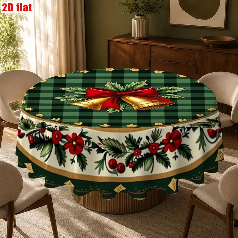 Send a tablecloth/round tablecloth 1 piece, Christmas table round tablecloth with gold bells and red berry garland