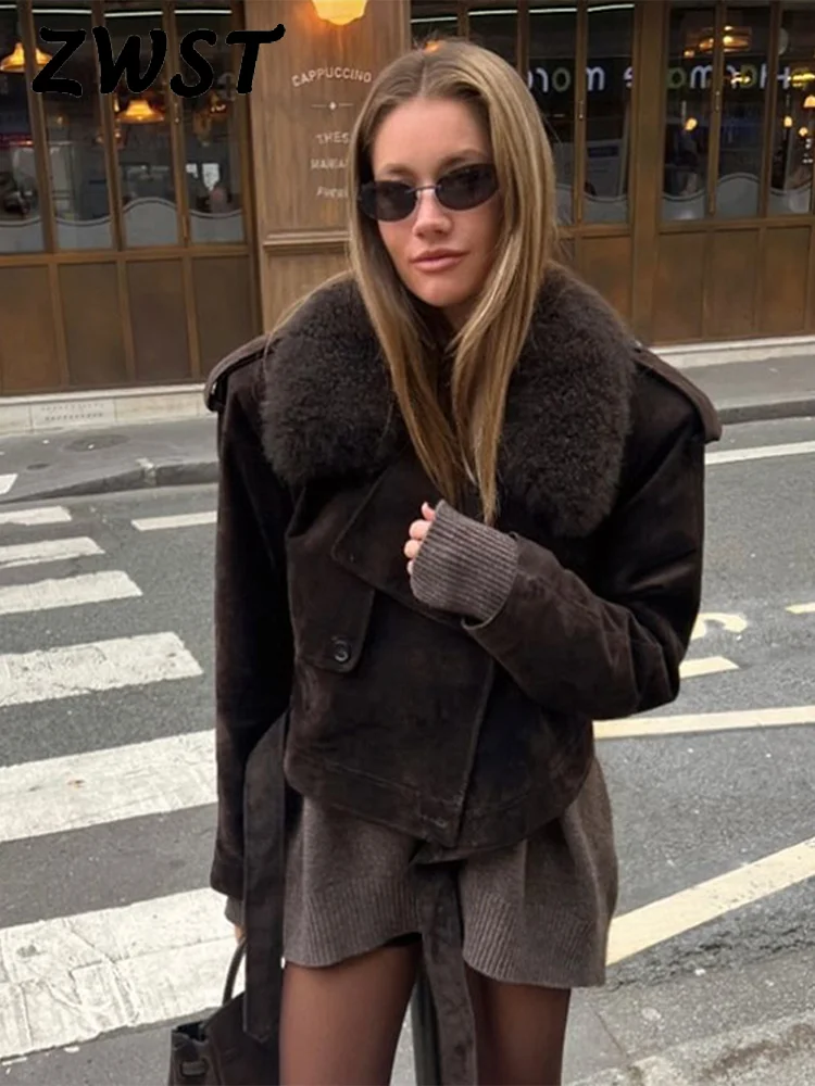 Faux Fur Patchwork Women Coat Full Sleeve Lace Up Lady Short Jacket 2024 Fashion Autumn Vintage Loose Lapel Female Overcoat