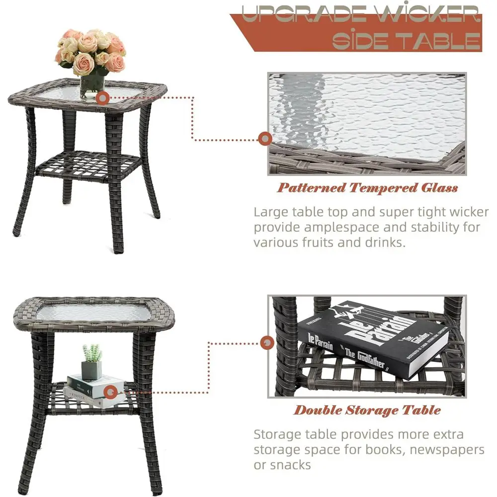 2-Piece Swivel Wicker Patio Chair Set with 360° Rotation and Glass Top Table, Khaki