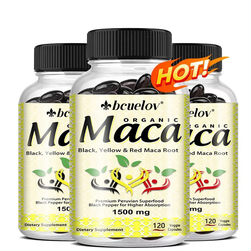 Cápsulas de polvo de raíz de maca orgánica: maca negra y amarilla, suplemento energético natural, aumenta la resistencia energética, admite concentración