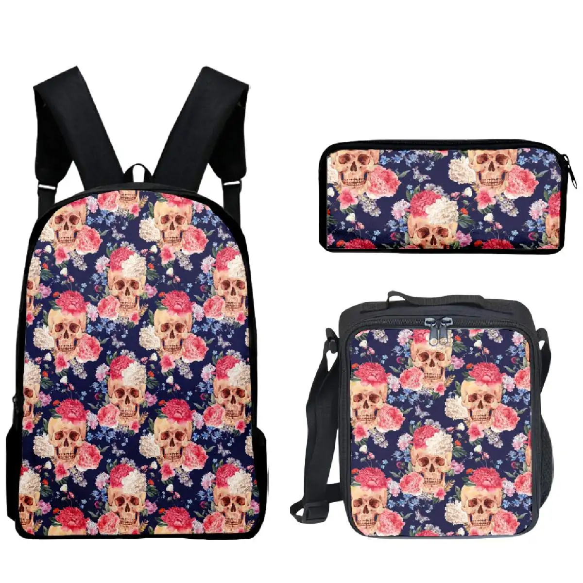 Blumen schädel 3 Stück Rucksack 3d gedruckt Skelett Kunst Studenten Jungen Mädchen Schult asche Lunch Bag Frauen Männer lässig Reise Laptop-Tasche