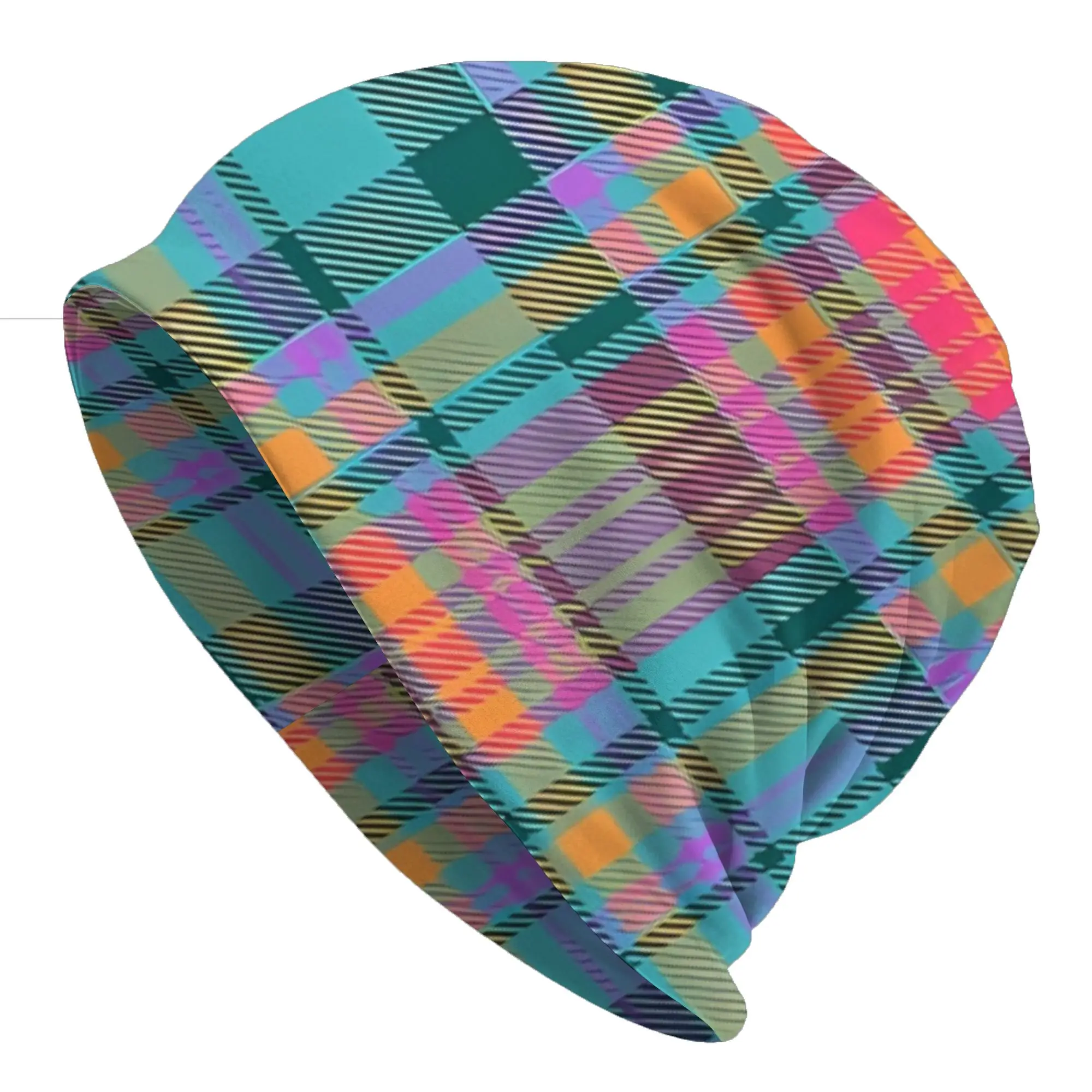 Scottish Tartan Men Women's Thin Hat Neon Tartan In Turquoise And Pink Accents Street Style Cap Design Skullies Beanies Caps