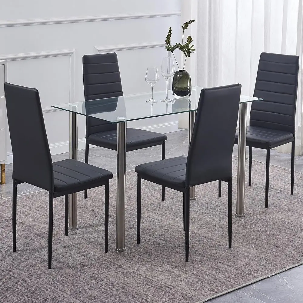 Ensemble de table à manger rectangulaire à 4 places avec dessus en verre et chaises en simili cuir pour la cuisine de la maison