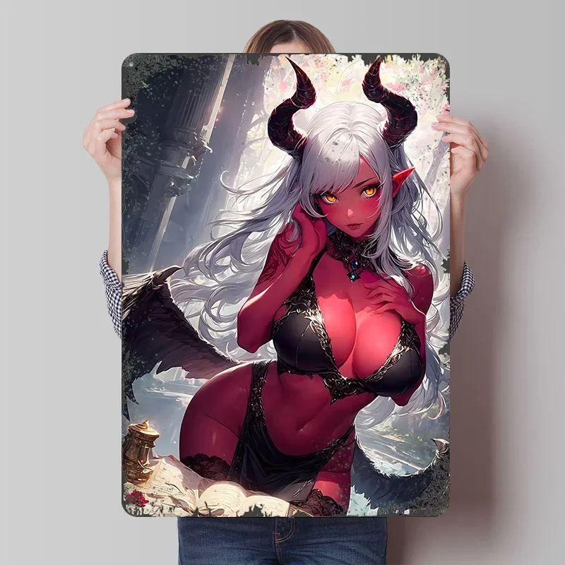 Demon Girl With Wings Tin Plaque Poster Customized Wall Art Retro Vintage Metal Signs for Man Cave Gaming Room Decoration Decor