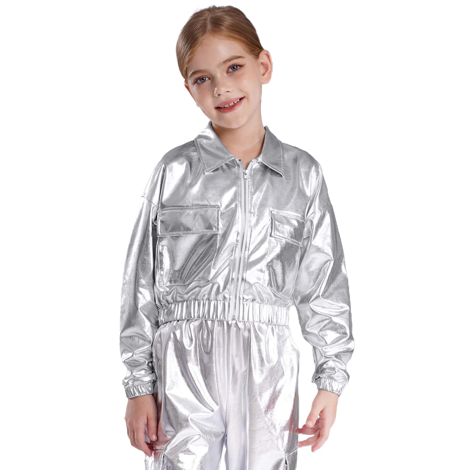 Fashion Children's Coats Kids Boys Girls Shiny Jacket Stage Dancewear Metallic Long Sleeve Outerwear Hip-Hop Jazz Dance Costume