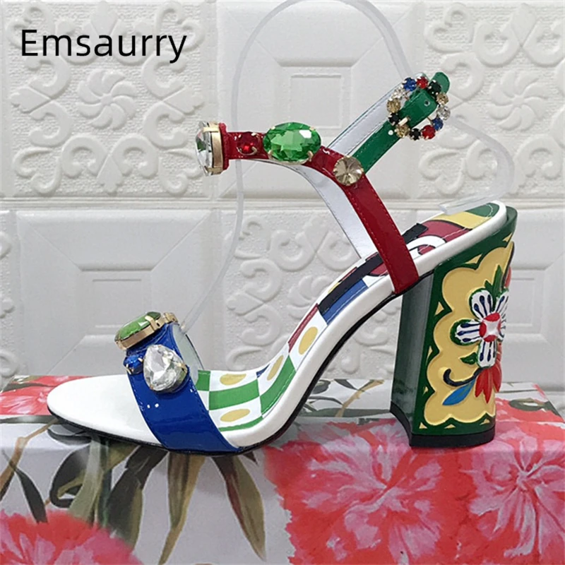 Colorful Print High Heel Modern Sandals Women Exotic Style Diamond Rhinestone Ankle Strap Holidays Shoes Summer