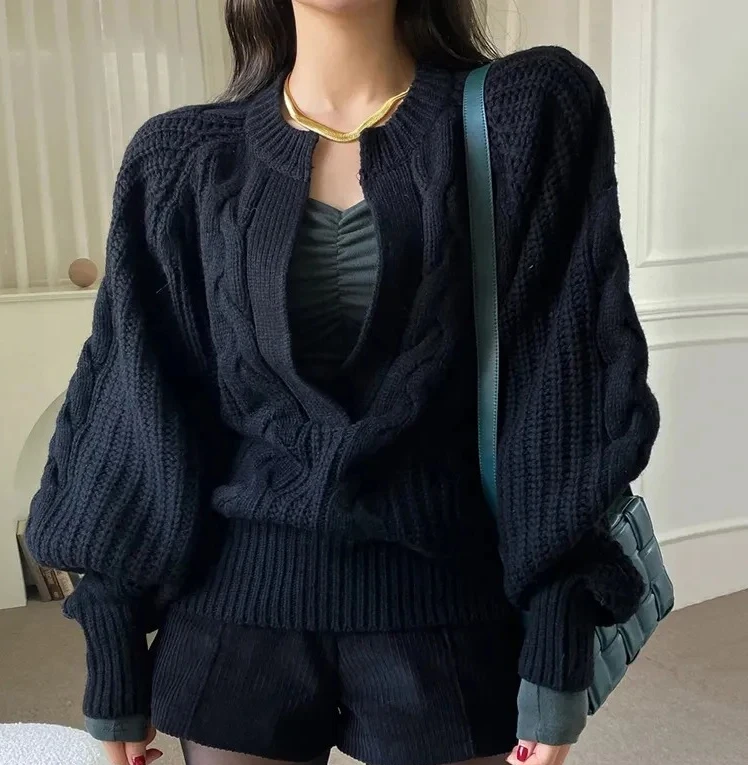 

Autumn Lantern Sleeves Knit Sweater for Women Korean Chic V Neck Loose Thick Pullover Y2K Ladies