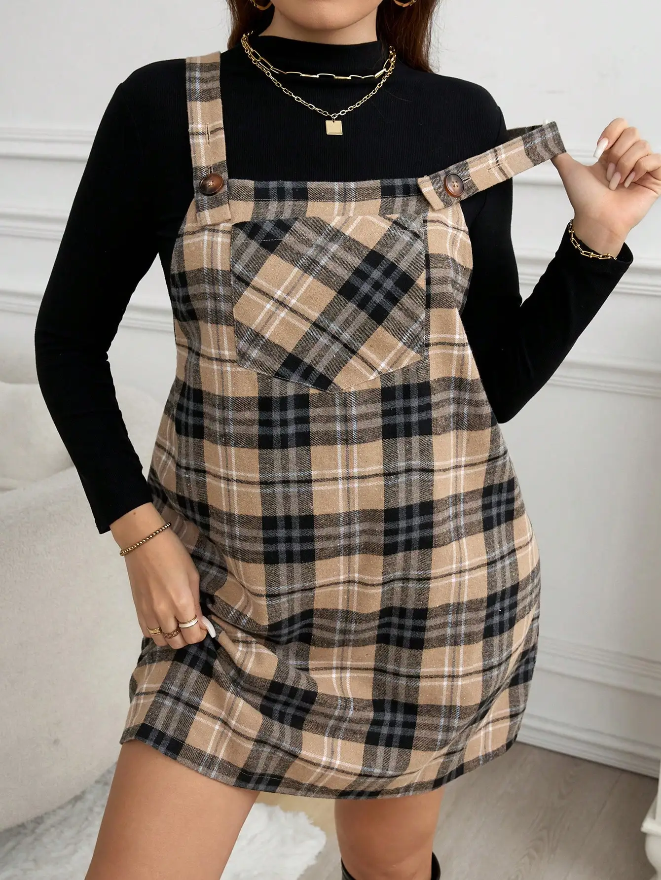 Grande taille sangle ample bouton poche Plaid décontracté Mini robe grande taille automne vêtements robes pour les femmes