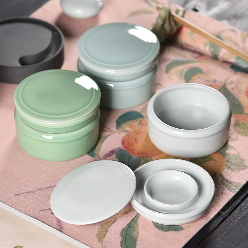 Pagoda Ceramic Ink Dish with Lid Double Ring Anti-dry Calligraphy Ink Palette Student Writing Painting Stationery