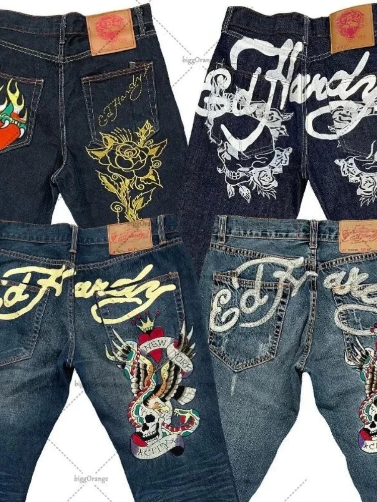 Jeans da uomo streetwear Y2K pantaloni in denim vintage a gamba dritta teschio rosa design con stampa fiamma vestibilità ampia moda retrò punk hip hop