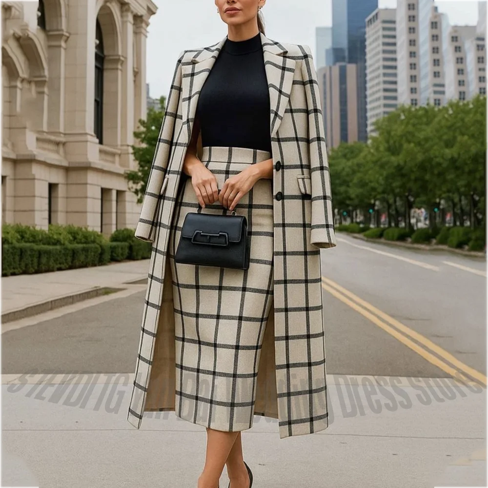 Latest Design Women's Suit Fashion Plaid Tea Length Notch Lapel Single Breasted Long Coat with Skirt Elegant Female Overcoat