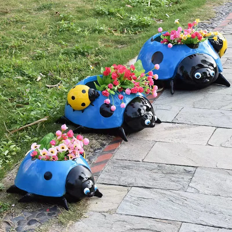 Cute Resin Ladybug Figurine- Red Yellow Blue seven-star ladybug, Garden Ornament, Outdoor Decor