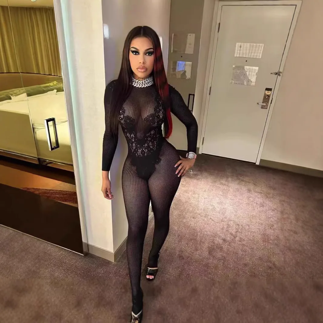 Mono negro transparente de retazos de encaje para mujer, peleles sexys de manga larga con espalda descubierta ajustados de una pieza, ropa para discoteca de medianoche 2025