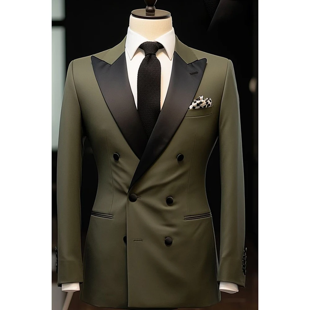 Formal Green Men Suits Double Breasted Black Peak Lapel Luxury Costume Homme Slim Fit Prom Male Clothing 2 Piece Jacket Pants