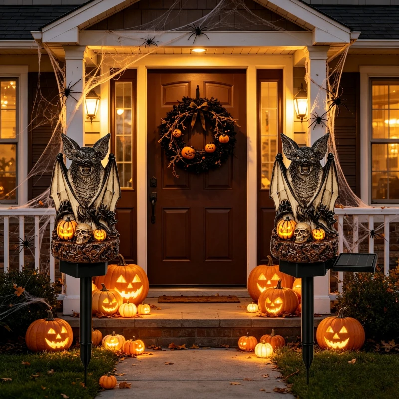 Halloween Vampire Bat Skull Jack O Lantern Solar Garden Stake Light Waterproof Resin Figurine Spooky Outdoor Yard Pathway
